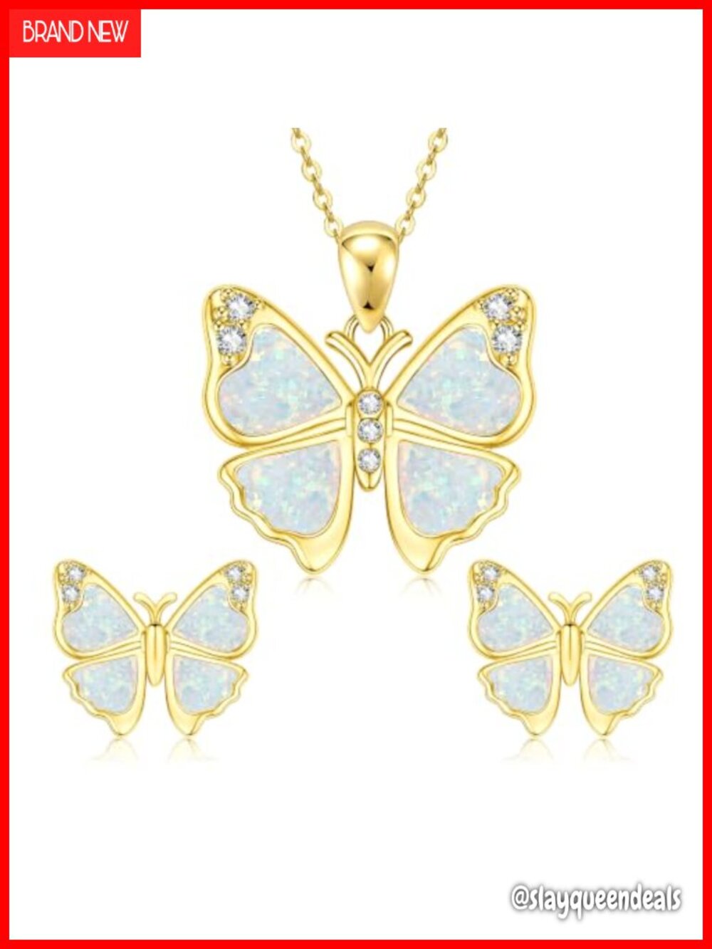 14k Gold Plated Opal Butterfly Necklace & Stud Earrings Set